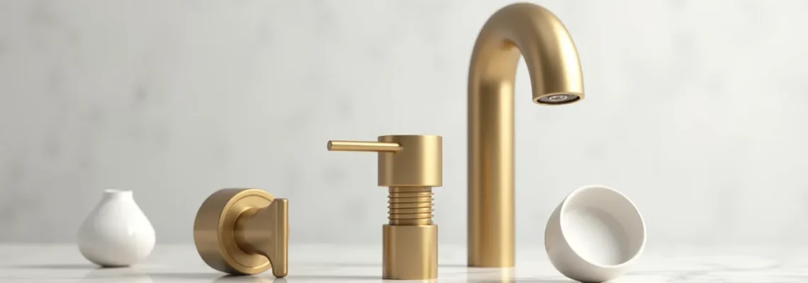 Composition d'accessoires de robinetterie en laiton massif et cartouches céramique sur surface minimaliste avec éclairage naturel