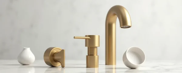 Composition d'accessoires de robinetterie en laiton massif et cartouches céramique sur surface minimaliste avec éclairage naturel