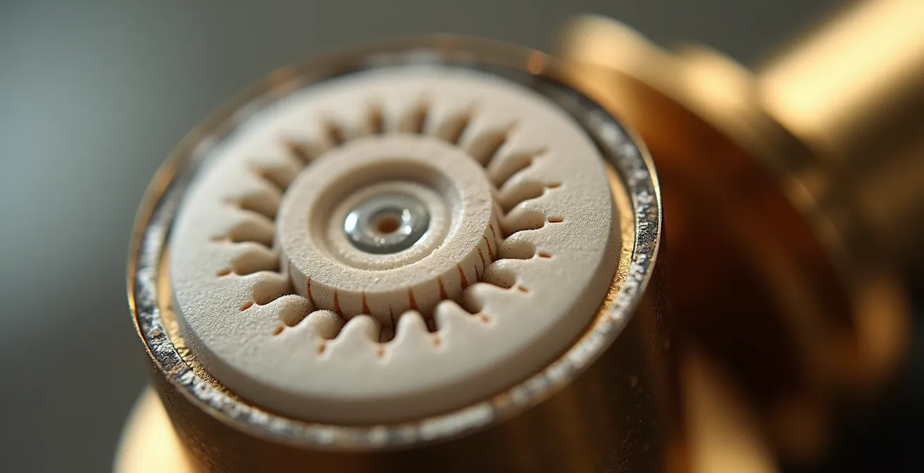 Vue macro détaillée de disques céramiques d'une cartouche de mitigeur avec texture lisse et brillante
