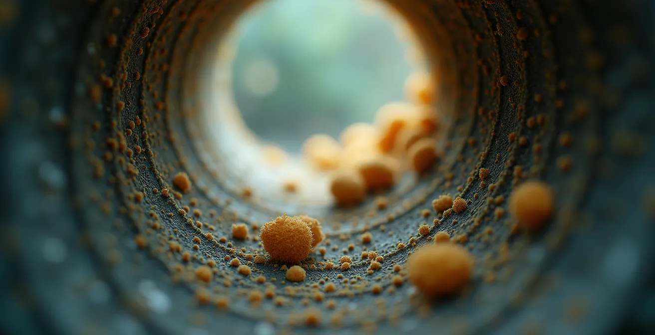 Détail macro de spores et poussières dans un conduit de ventilation