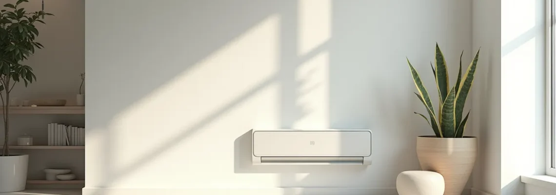 Maison moderne avec conduits de ventilation visibles, lumière cinématographique, ambiance propre et épurée