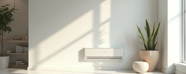 Maison moderne avec conduits de ventilation visibles, lumière cinématographique, ambiance propre et épurée