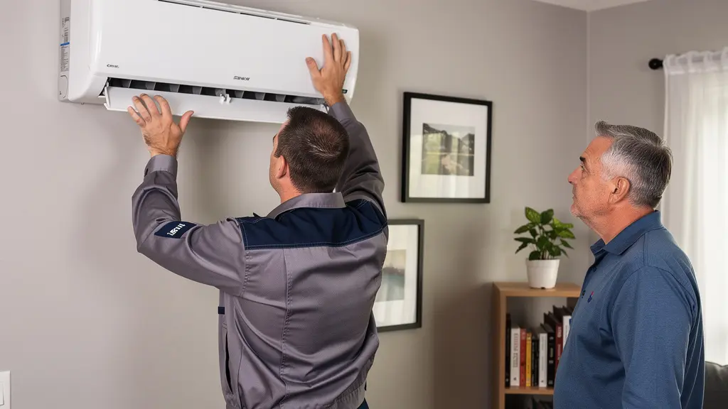 Technicien CVAC vérifiant une unité murale de thermopompe