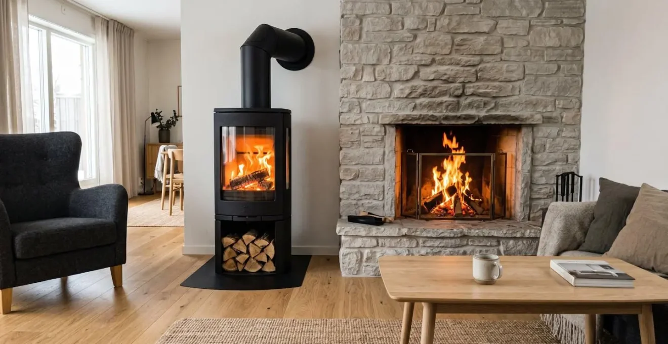 Poêle à bois et cheminée avec insert allumés dans un salon moderne.