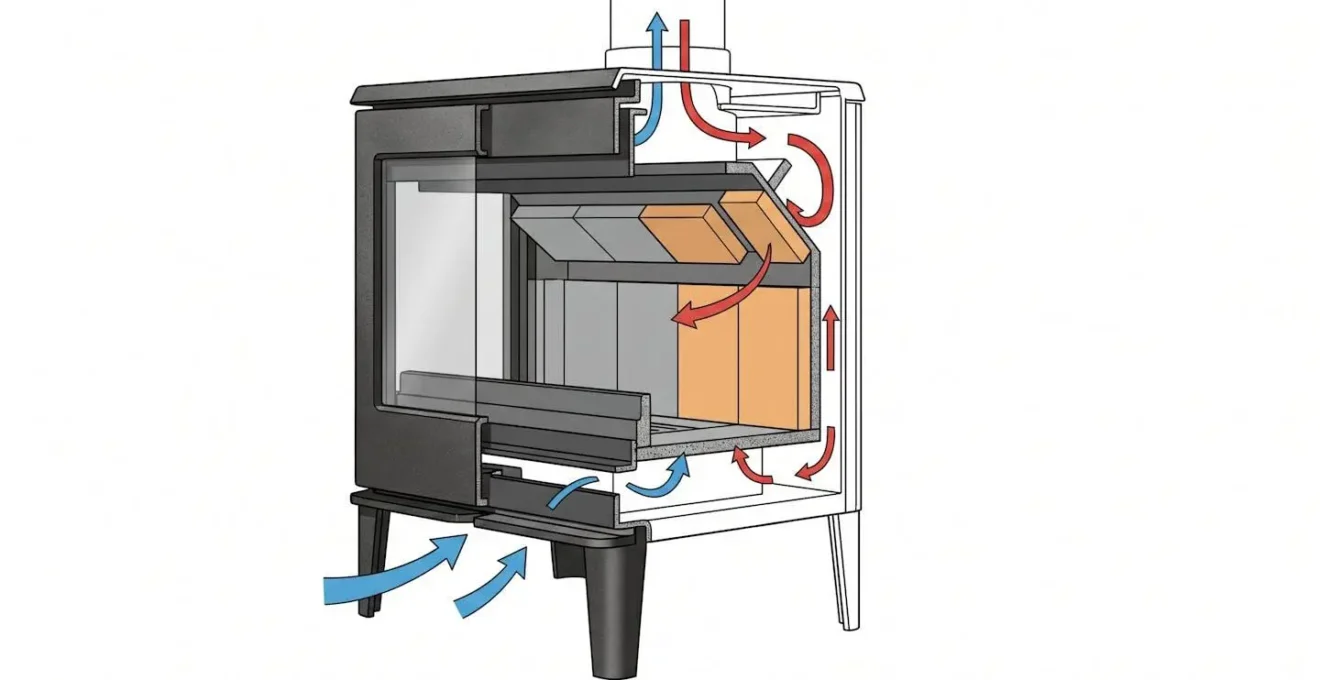 Schéma illustratif du circuit de double combustion dans un poêle à bois moderne à accumulation