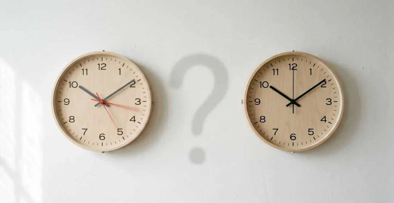 Deux horloges murales minimalistes côte à côte sur un mur blanc, l'une avec aiguille en mouvement flou symbolisant l'urgence, l'autre nette représentant la planification
