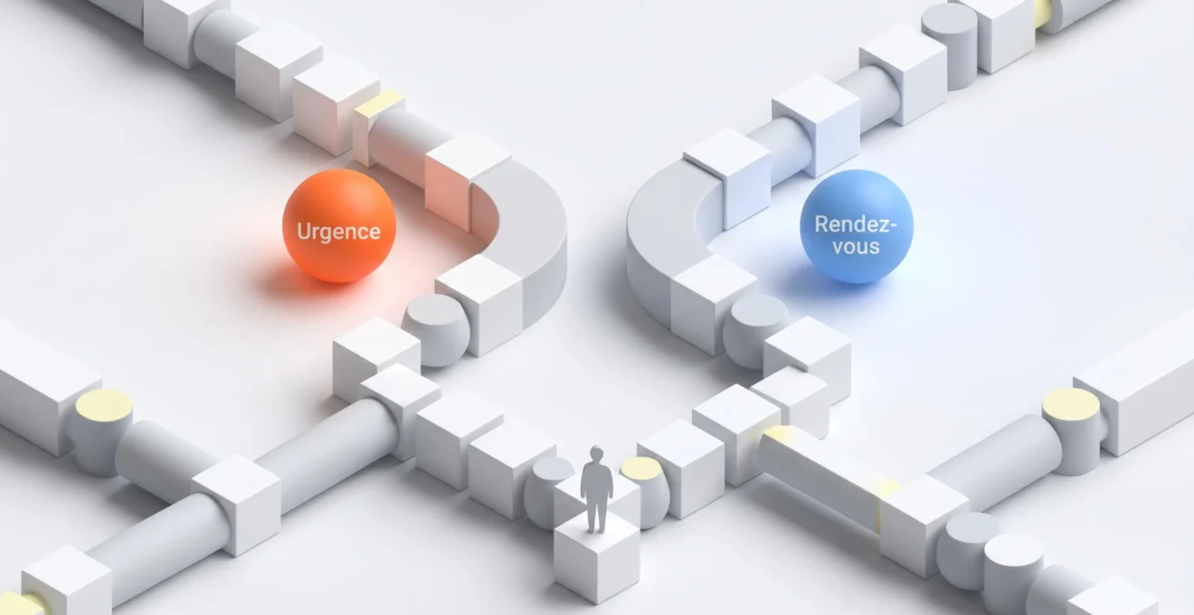 Illustration 3D isométrique montrant un réseau de chemins géométriques se divisant vers une sphère orange symbolisant l'urgence et une sphère bleue représentant le rendez-vous planifié