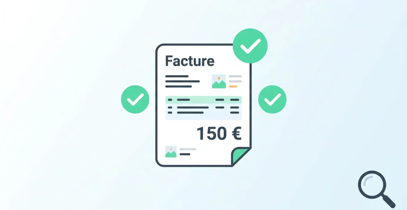 Illustration flat design d'un document facture stylisé avec montant 150 euros, entouré de coches vertes et d'une loupe symbolisant la transparence tarifaire