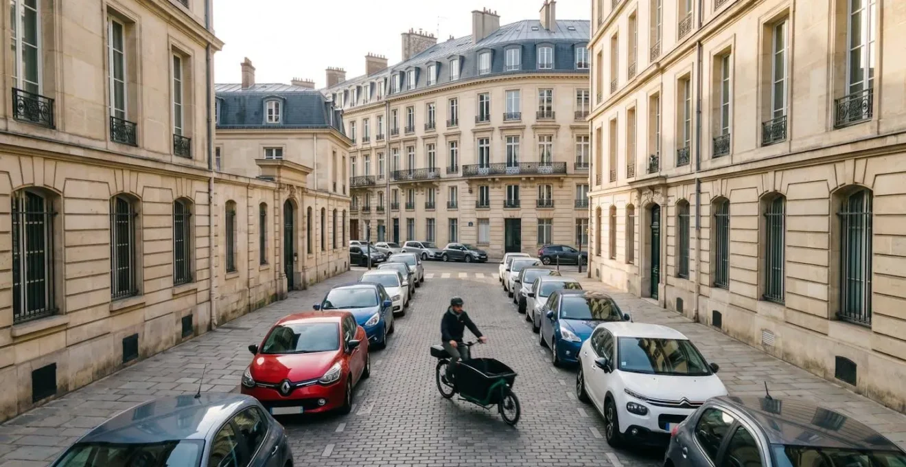 Vue aérienne d'une rue pavée étroite de centre-ville avec un vélo cargo en mouvement au milieu et des voitures stationnées de chaque côté